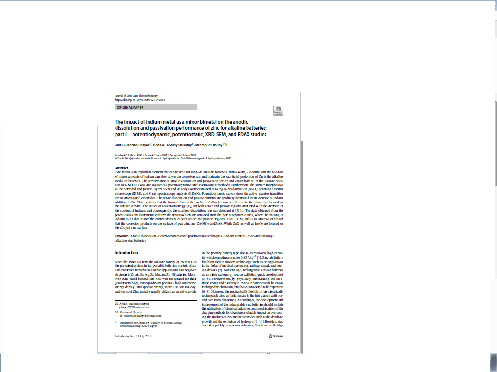 The impact of indium metal as a minor bimetal on the anodic dissolution and passivation performance of zinc for alkaline batteries: part I—potentiodynamic, potentiostatic, XRD, SEM, and EDAX studies